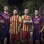 Thiago Alcântara, Piqué, Messi, Iniesta, Xavi e Puyol apresentam os novos uniformes do Barcelona